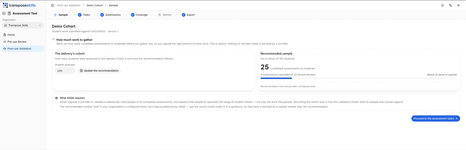 The Sample step for Demo Cohort, showing a cohort of 100 students and a recommendation of 25 completed assessments to moderate, drawn from the organisation’s configured band