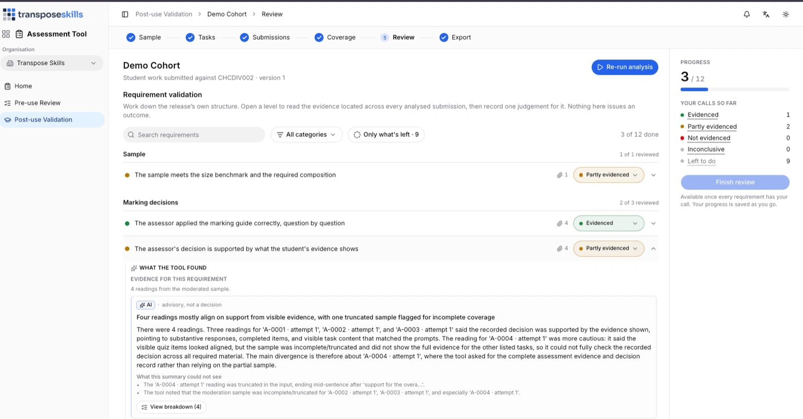 The Review step: a requirement validation list, with one requirement expanded to show the AI’s advisory summary of four readings and where they diverge