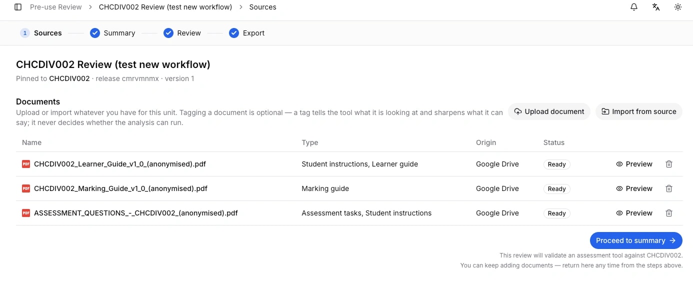 The Sources step of a pre-use review, pinned to CHCDIV002, with the Learner Guide, Marking Guide and assessment questions uploaded and ready
