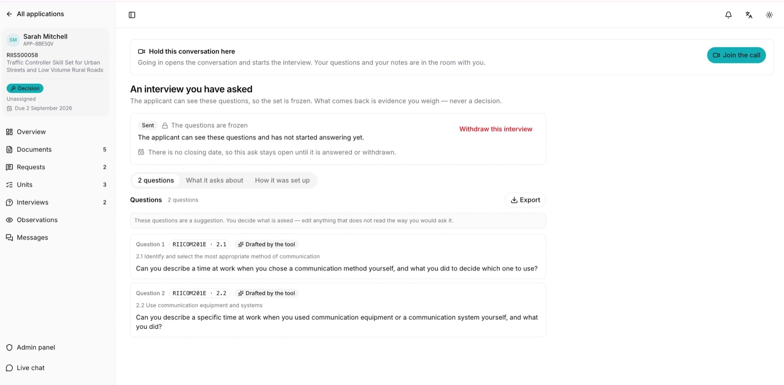 A frozen set of two live-interview questions, each tied to a specific requirement and drafted by the tool from the evidence already on file