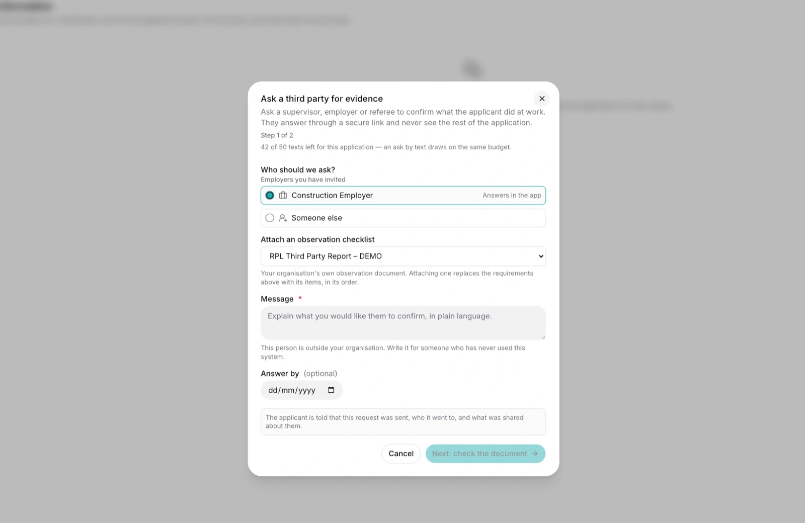The "Ask a third party for evidence" dialog, choosing an employer to ask and writing the request in plain language